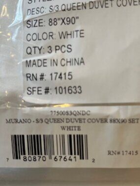 Murano - S/3 Queen Duvet Cover - Queen size 88' x 90".  WHITE  -  Qty: 3 Pcs -